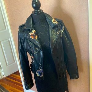 Women’s black floral stitched leather jacket